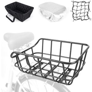Bike Basket Rear, Large Bicycle Basket with Cargo Net, Liner and Waterproof Cover for Electirc Bike, Ebike and Bikes, Large Capacity Wire Bakset