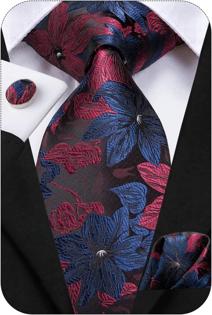Hi-Tie 63" 70" Ties for Men Silk Extra Long Mens Ties Set and Pocket Square Cufflinks Paisley Necktie Business Wedding (Navy Burgundy)