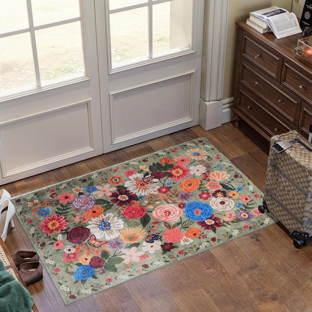 Floral Rug for Entryway, Green 2X3 Washable Kitchen Mat Ultra-Thin Soft, Non-Slip Indoor Door Carpet Stain Resistant Boho Small Low-Pile Throw for Bathroom Bedroom (Green Garden, 2 x 3)