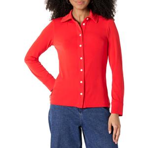 Amazon Essentials Womens Regular-Fit Matte Jersey Button-Down Shirt (X-Small, Bright Poppy Red)