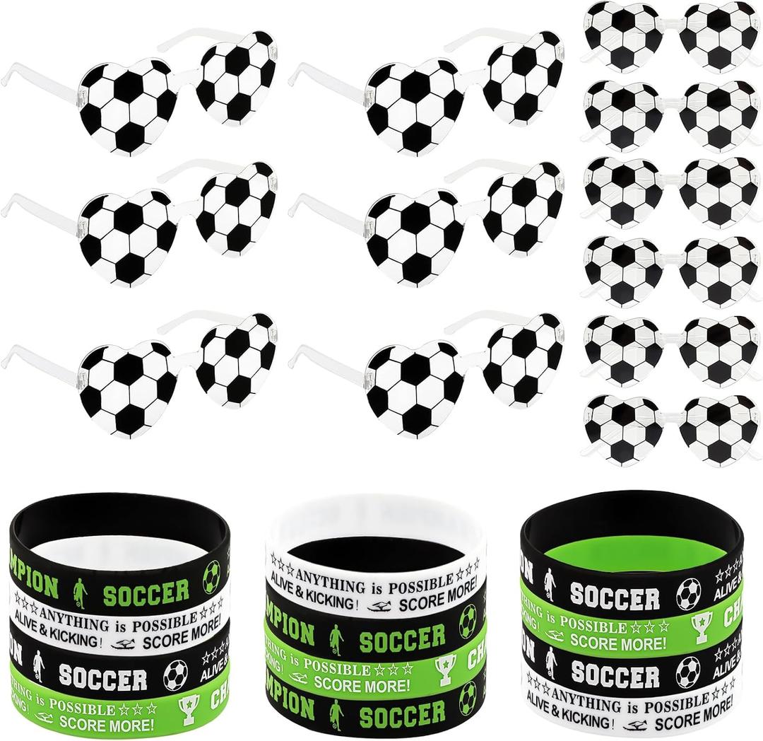 24 Pcs Soccer Birthday Party Decorations Favors Sunglasses Silicone Wristbands Bracelets Bulk Soccer Goodie Bags Stuffers Team Gifts for Sport Team or Coach