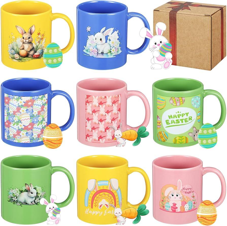 Maxdot 8 Pieces Easter Mugs 12 oz Mug Set Coffee Mugs with Handle Ceramic Matching Mugs for Home School Office Table Centerpieces Housewarming Holiday Party Gift (Bright)
