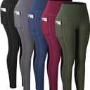 CHRLEISURE Leggings with Pockets for Women, High Waisted Tummy Control Workout Yoga Pants (X-Large, 5 Packs - Black/Gray/Navy/Burgundy/Army Green)