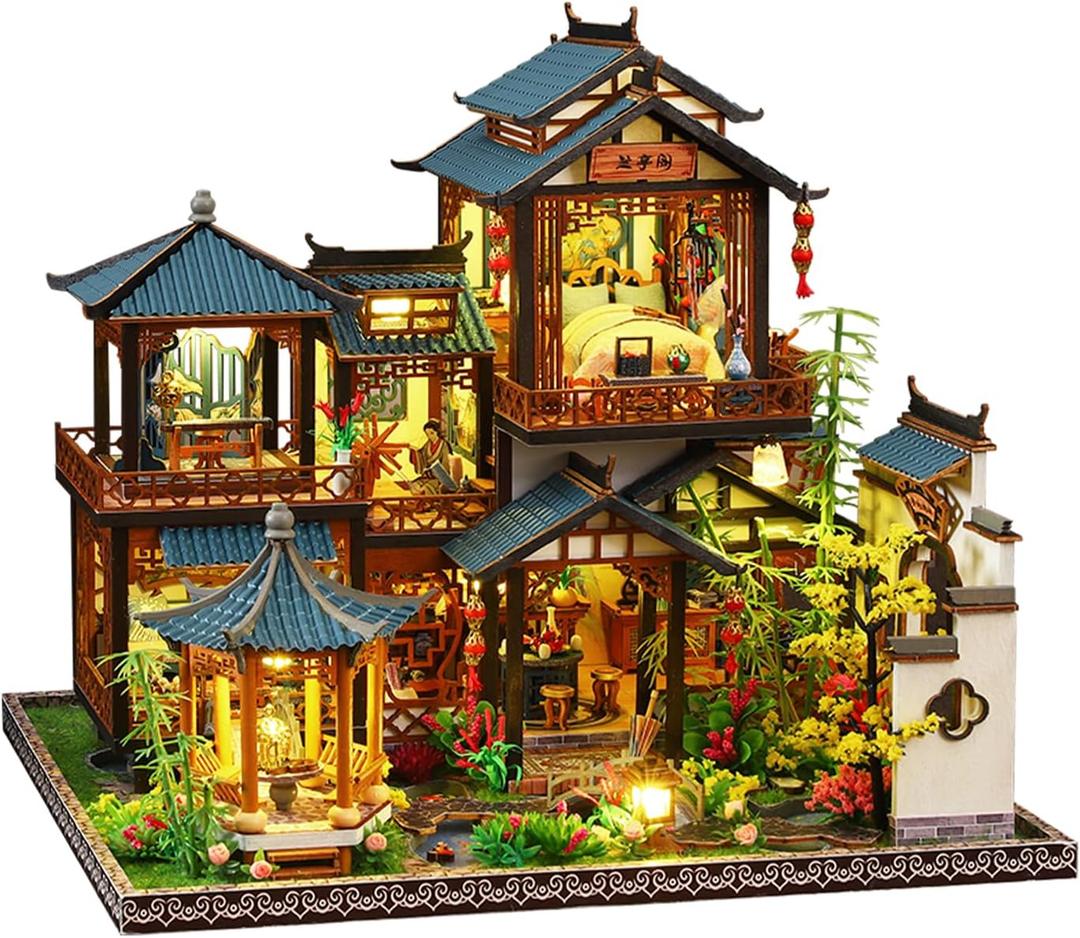 OZJAY Miniature House Kit, Mini House Building Kit with Furniture, Miniature Kit for Adults Teen, Dollhouse Kit for Birthday Christmas, Elegant Orchid Pavilion
