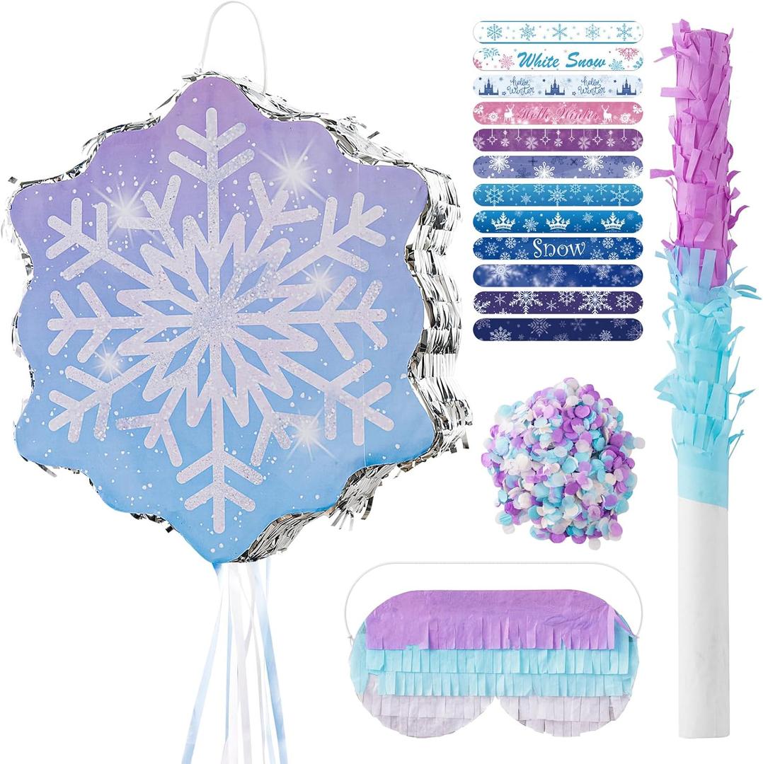 WINTS Snowflake Pinata, Frosty Piata with Blindfold Perfect for Snowy Birthday Party, Fairy & Kids Birthday Party Decorations (14.76 12.99 3.15in)