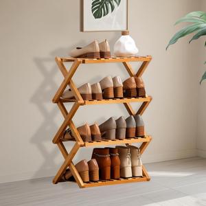 Jessie Bamboo Shoe Rack,Free Standing Shoe Rack for Closet,Portable Folding Shoe Storage Rack, Space Saving,Shoe Shelf for Bedroom Entryway Hallway Closet Living Room (Primary-4 Tier)