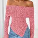 ZESICA Women's Fall Floral Off Shoulder Tops 2025 Mesh Long Sleeve Shirts Asymmetrical Ruched Tee Blouses Trendy Outfits (Pink, XL)