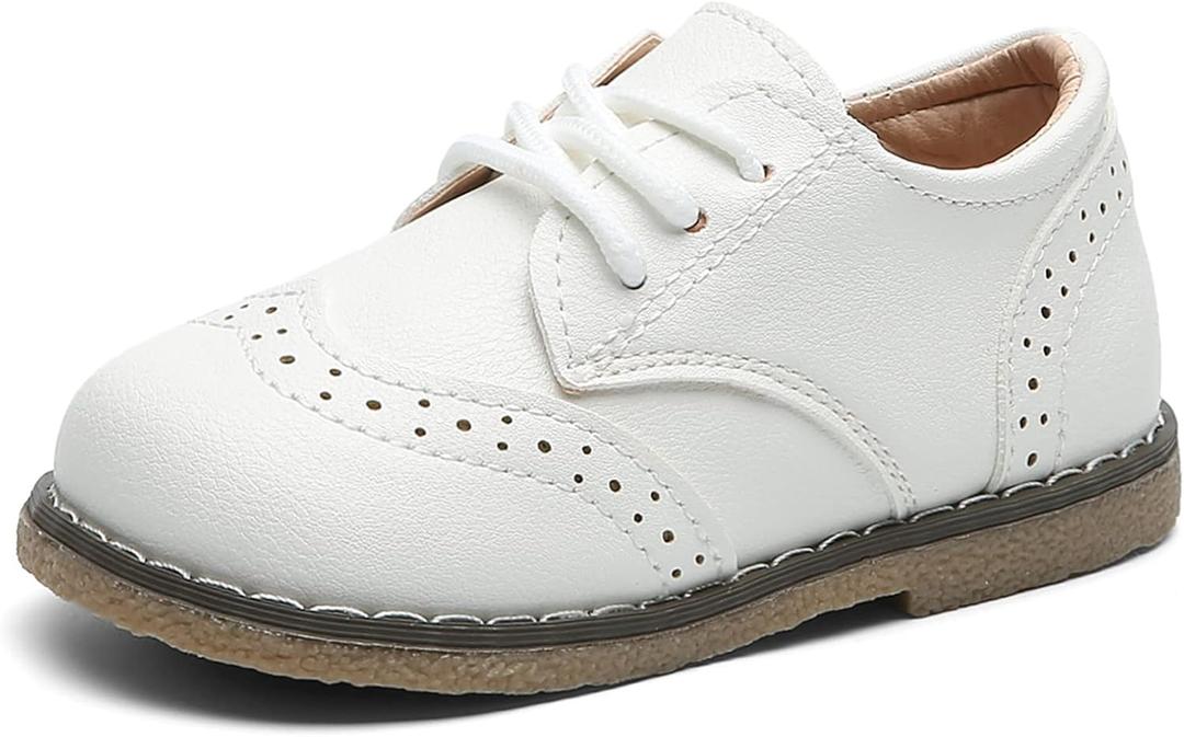 DADAWEN Toddler Boys Girls Dress Shoes Comfort Oxford Shoes Wedding Church Dress Shoes Lace Up School Uniform Loafer Flats White US Size 5 M Toddler