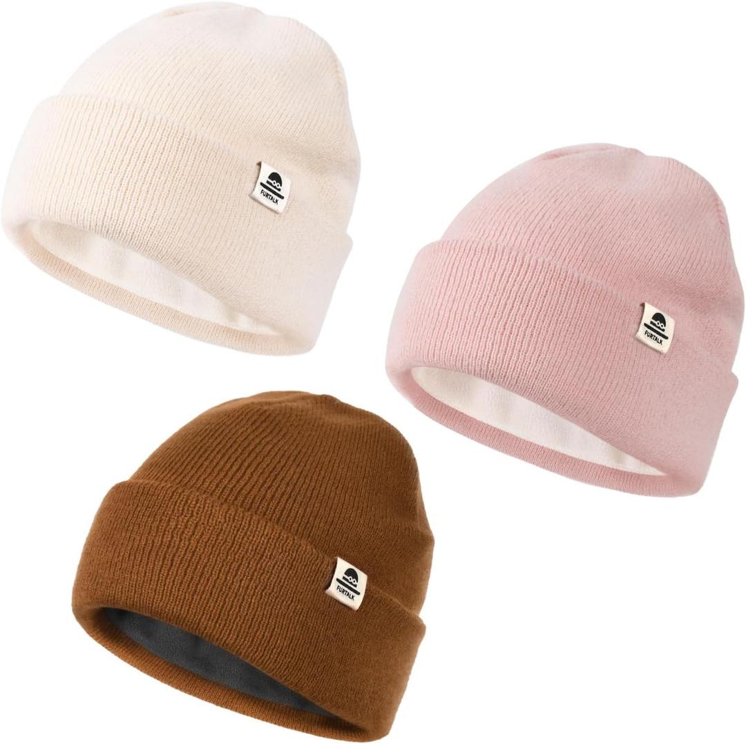 FURTALK Baby Beanie Fleece Lined Toddler Winter Hat Boys Girls Knit Warm Beanies Kids Ski Hats for 0-8 Years (6-36 Months, Beige+pink+caramel)
