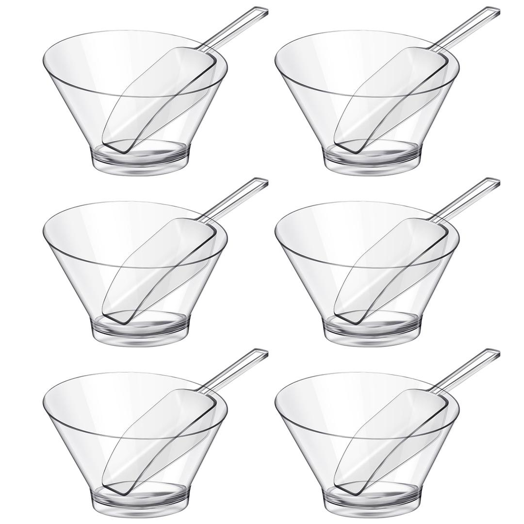 Sawysine 12 Pcs Plastic Clear Serving Bowls with Kitchen Plastic Scoops Salad Serving Bowls Popcorn Scoops Angled Candy Container for Salad Cooking Parties, 210 ml