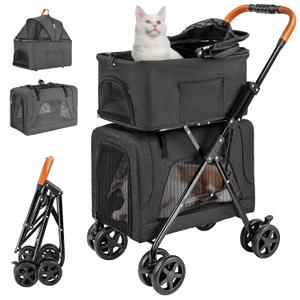 Double Pet Stroller with Detachable Carrier for Medium Small Dogs and Cats, Lightweight Dog Stroller Travel Carriage with No-Zip Canopy Storage Basket One-Click Folding and One-Foot Brake, Black 