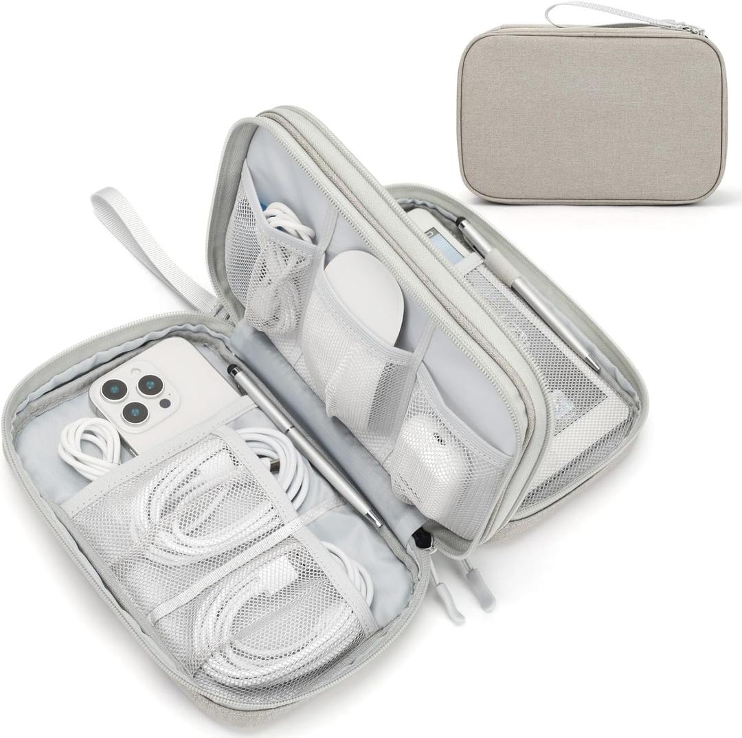 FYY Electronic Organizer, Large Travel Cable Organizer Bag Pouch Electronic Accessories Carry Case Portable Waterproof Double Layers All-in-One Storage Bag for Cable, Cord, Charger, Phone, Khaki