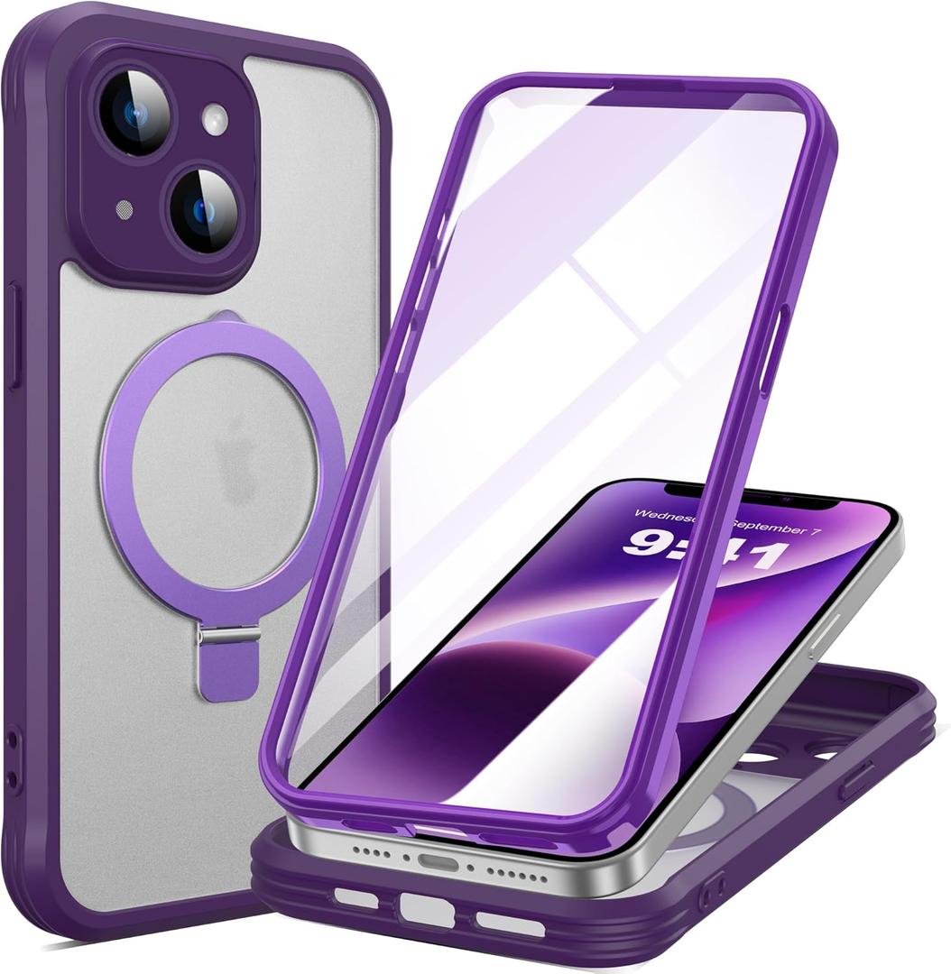 for iPhone 14 Plus Case with Invisible Magnetic Stand, Compatible with Mag-Safe Translucent Matte with Built-in Screen Protector, Shockproof Protective Phone Case for Women Men, Purple