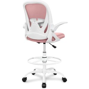 Primy Drafting Chair Tall Office Chair with Flip-up Armrests Executive Ergonomic Computer Standing Desk Chair with Lumbar Support and Adjustable Footrest Ring (Rose Quartz)