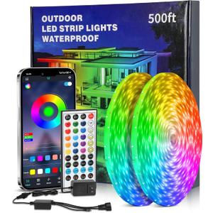 500FT Outdoor Led Strip Lights Waterproof - Music Sync RGB, IP68 Outside Led Strips with Bluetooth App & Remote Control, RGB Exterior Led Lights for Deck,Courtyards,Balcony,Roof,Garden,Pool