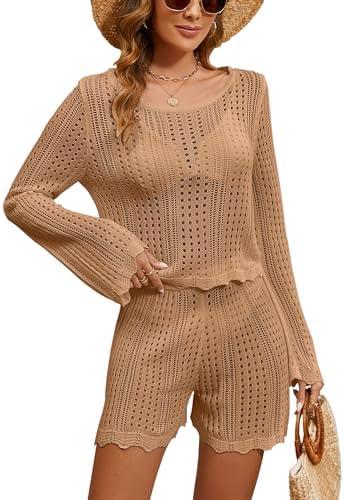 Blooming Jelly Womens Crochet Swimsuit Coverup Hollow Out Two Piece Set Bathing Suit Cover Up Beach Outfits L