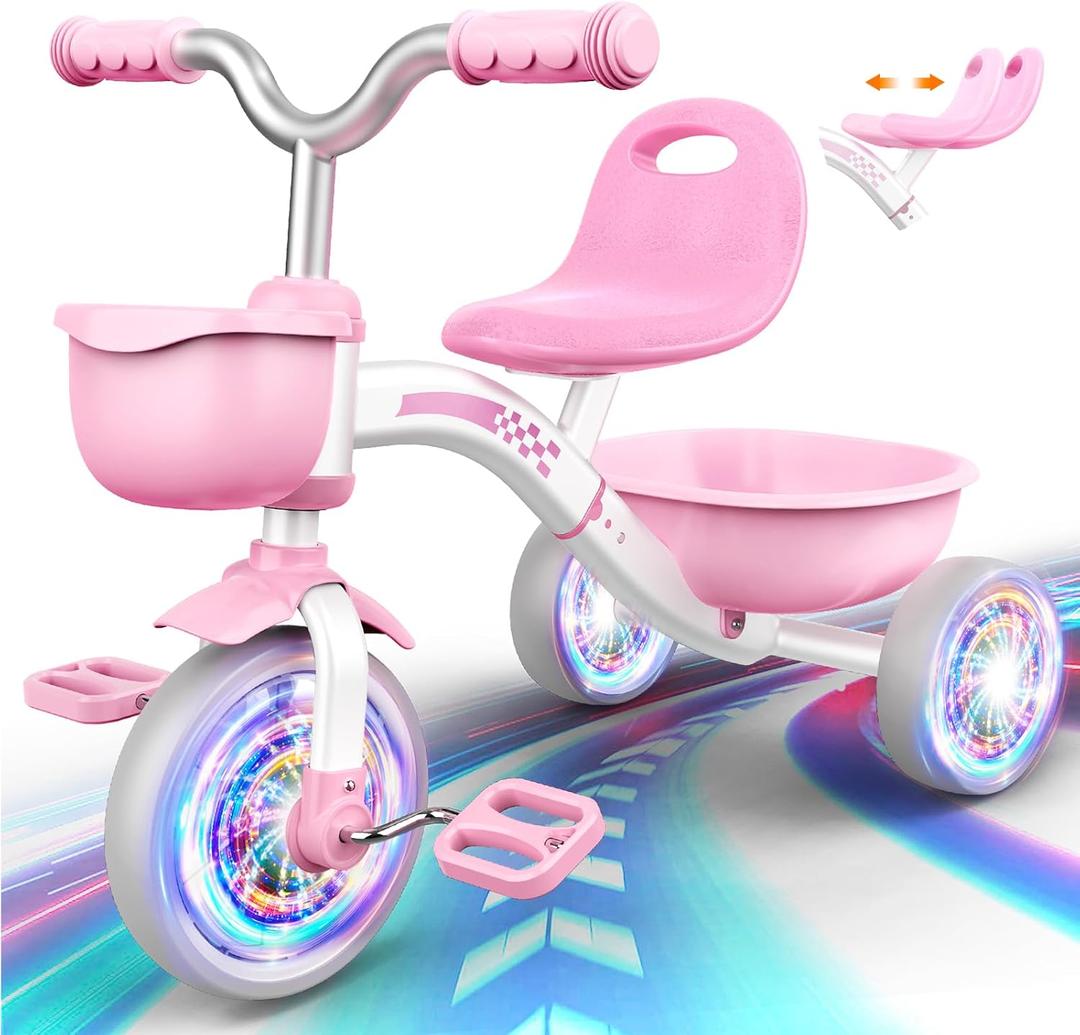 Toddler Tricycle for 1-3 3-5 Year Olds, Toddler Toys Baby Bike, Toys for Ages 2-4, 3-Level Adjustable Seat, 3 Colorful Lighting Wheels, 2 3 4 5 Year Old Girl Birthday Easter Gifts Pink