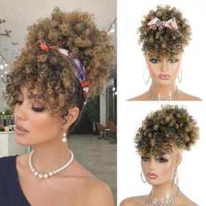 Afro Puff Drawstring Ponytail with Curly Hair Clip in Bangs Short Natural Hair Curly Ponytail Extension for Women (T27)