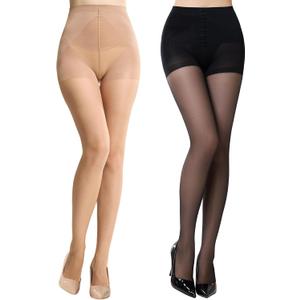 MANZI Control Top Pantyhose for Women 2 Pairs 20D Sheer Soft High Waist Tights Tummy Control Support Stockings (Medium, 1 Natural Nude+1 Black)