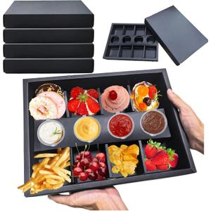 Divided Black Cardboard Serving Tray with Lids, 8 Grids, 10 Pack Pastry Box, 12.5x9x2 in Sauce Cup Holder Charcuterie Box, Oil-proof Dessert Box for Party Takeout Containers
