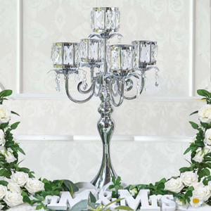 Silver 5 Arm Pendant Square Crystal Candle Holder, 22 Inches Table Decor Classic and Elegant Table Centerpiece Atmosphere Candlestick for Gift Wedding Party Home Decor