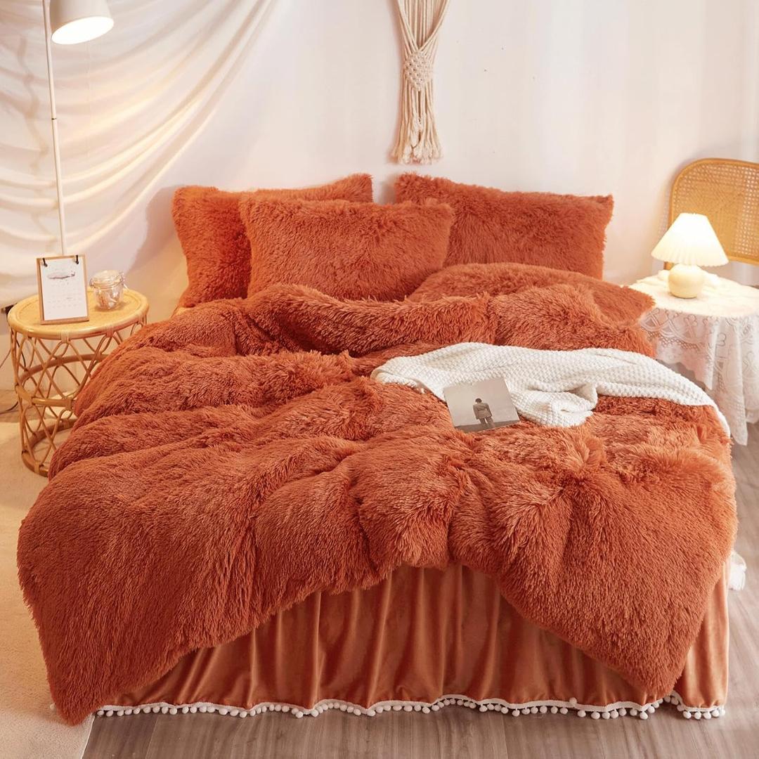 Shaggy Burnt Orange Comforter Cover Queen Set, Soft Plush Fuzzy Burnt Orange Bedding Queen Set 3 Pieces (1 Furry Duvet Cover + 2 Fluffy Pillow Cases) Faux Fur Bed Set, Zipper Closure