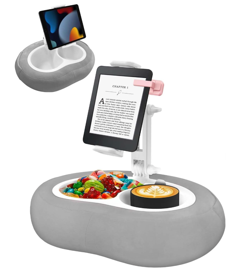 Tablet Pillow Stand, Compatible with 5"12.9" Kindle, iPad, Phone/Tablet, Google, Samsung, 360° Rotating Phone Holder for Bed, Soft Plush Fabric, Detachable Bowl, Reading and Relaxation on Bed, Gray
