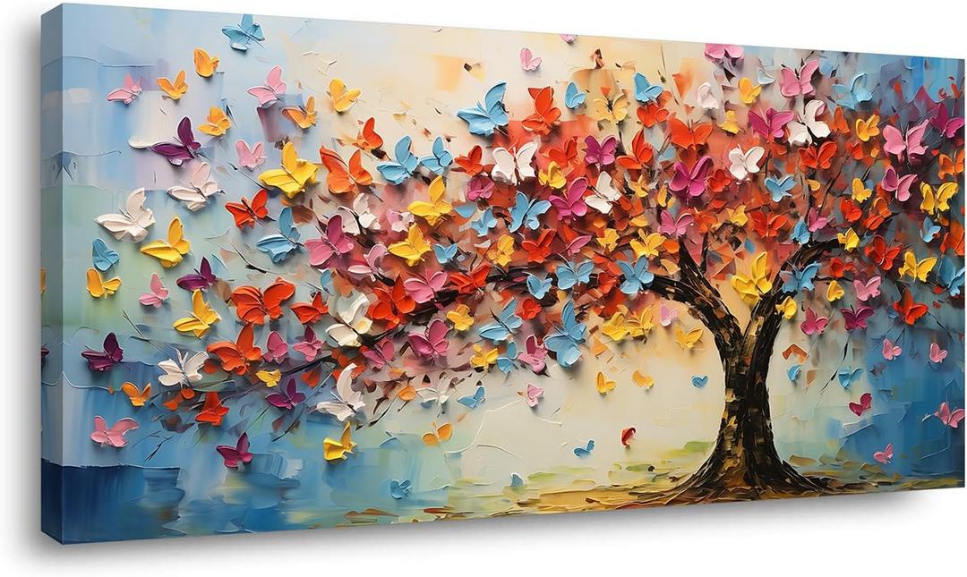 Butterfly Tree Canvas Wall Art Colorful Tree of Life Canvas Oil Painting Prints for Living Room Office Abstract Butterflies Tree Wall Dcor Artwork Family Bedroom Farmhouse Dcor, Ready to Hang (16x32 Inches)
