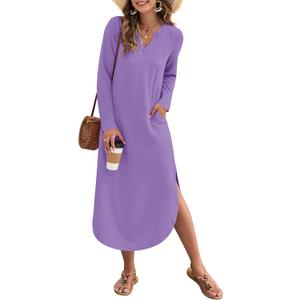 MISFAY Fall Dresses for Women 2026 Casual V Neck Long Sleeve Split Maxi Dress Loose Shirt Dress Solid Outfits with Pockets (M)