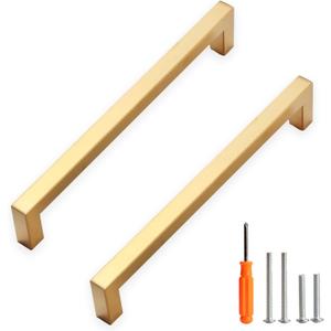 Cabinet Pulls Gold Cabinet Handles Square Drawer Pulls, 10 Pack 7-1/2 Inch Stainless Steel Kitchen Door Cupboard Cabinet Handles, Drawer Hardware Handles, 192mm Hole Centers