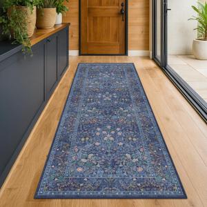 Hazo Haus Non Slip 2x10 Dark Blue Hallway Runner - 10ft Long Runner Rugs, Washable Kitchen Floor Mat - Vintage Navy Floral Design Décor