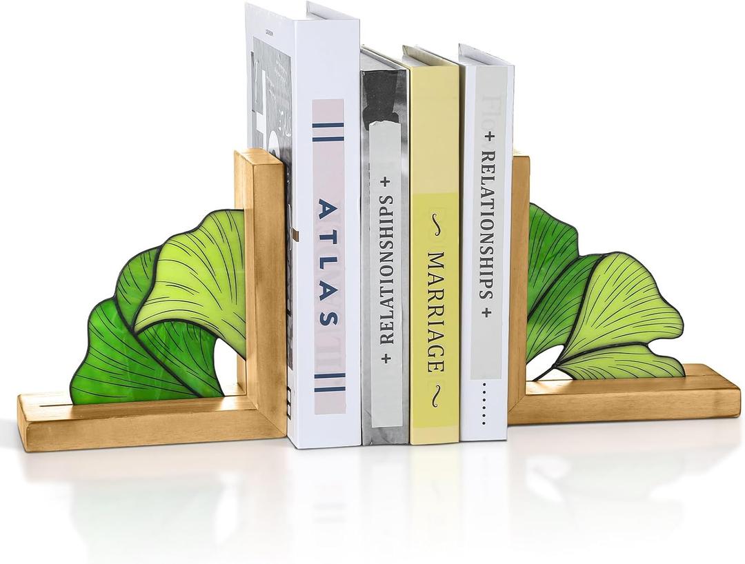 Maitys Ginkgo Leaf Bookends with Oak Wood Base Stained Glass Novelty Bookends Organizer Cute Book Ends for Shelves Desks Libraries Book Lover Gift (Green)
