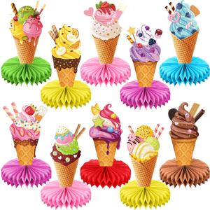 Faccito 10 Pcs Ice Cream Party Decorations 3D Ice Cream Drip Baseball Honeycomb Table Centerpieces Sport Themed Toppers for Summer Sport Birthday Party Supplies(Sundae)