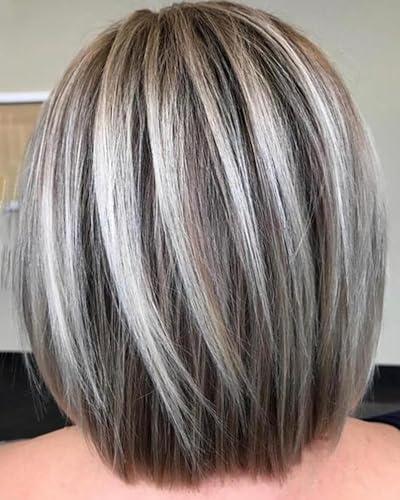 RENERSHOW Medium Length Bob Wig with Bangs for White Women Layered Blonde Balayage Bob Straight Hair Wig Natural Synthetic Hair Replacement Wig Ombre Platinum with Brown Wig