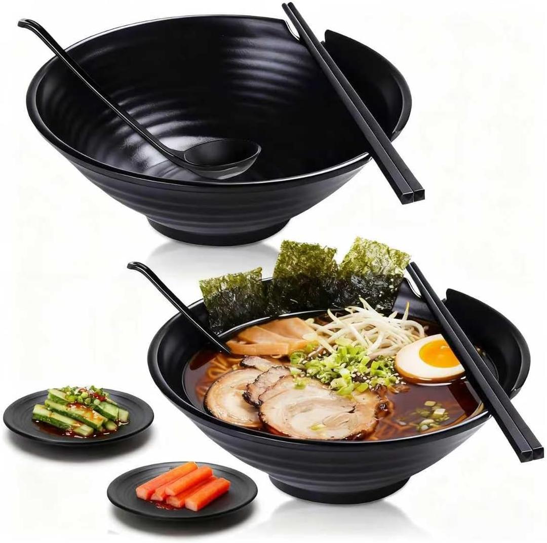 Vivimee Unbreakable Japanese Style Ramen Bowl Set of 2, 37oz Black Large Matte Melamine Bowls and Spoons Set with Chopsticks & Saucers for Pho Thai Miso Udon Soup Noodles or Asian Food