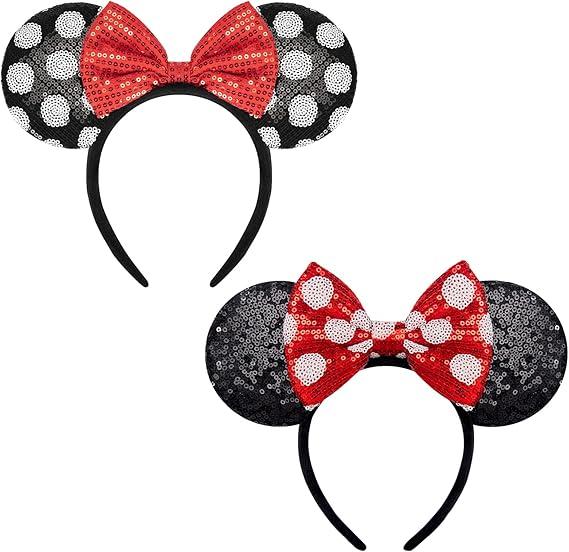 YUNISS 2 PCS Mouse Ears, Shiny Red Sequin Bow Mouse Ears Headbands for Adult Women Girls Christmas Birthday Party (Red&dot bow)