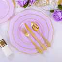 Liacere 175PCS Purple Plastic Plates-Disposable Lavender Plates 25guest Baroque Plastic Dinnerware include 50Plates, 25Pack Pre Rolled Napkins with Silverware 25Cups for Party & Wedding &Mothers Day