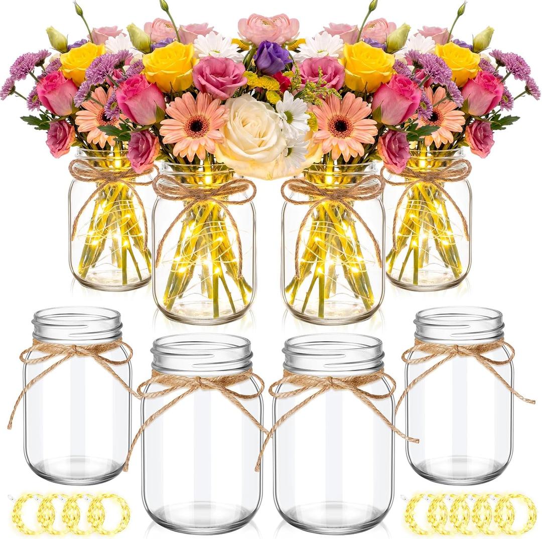 Chunful 9 Pcs Glass Mason Jar with LED Lights for Table Centerpiece Decorations Set Clear Rustic Farmhouse Coffee Table Decor with LED Lights for Wedding Dining Room Kitchen Decor (Warm Light)
