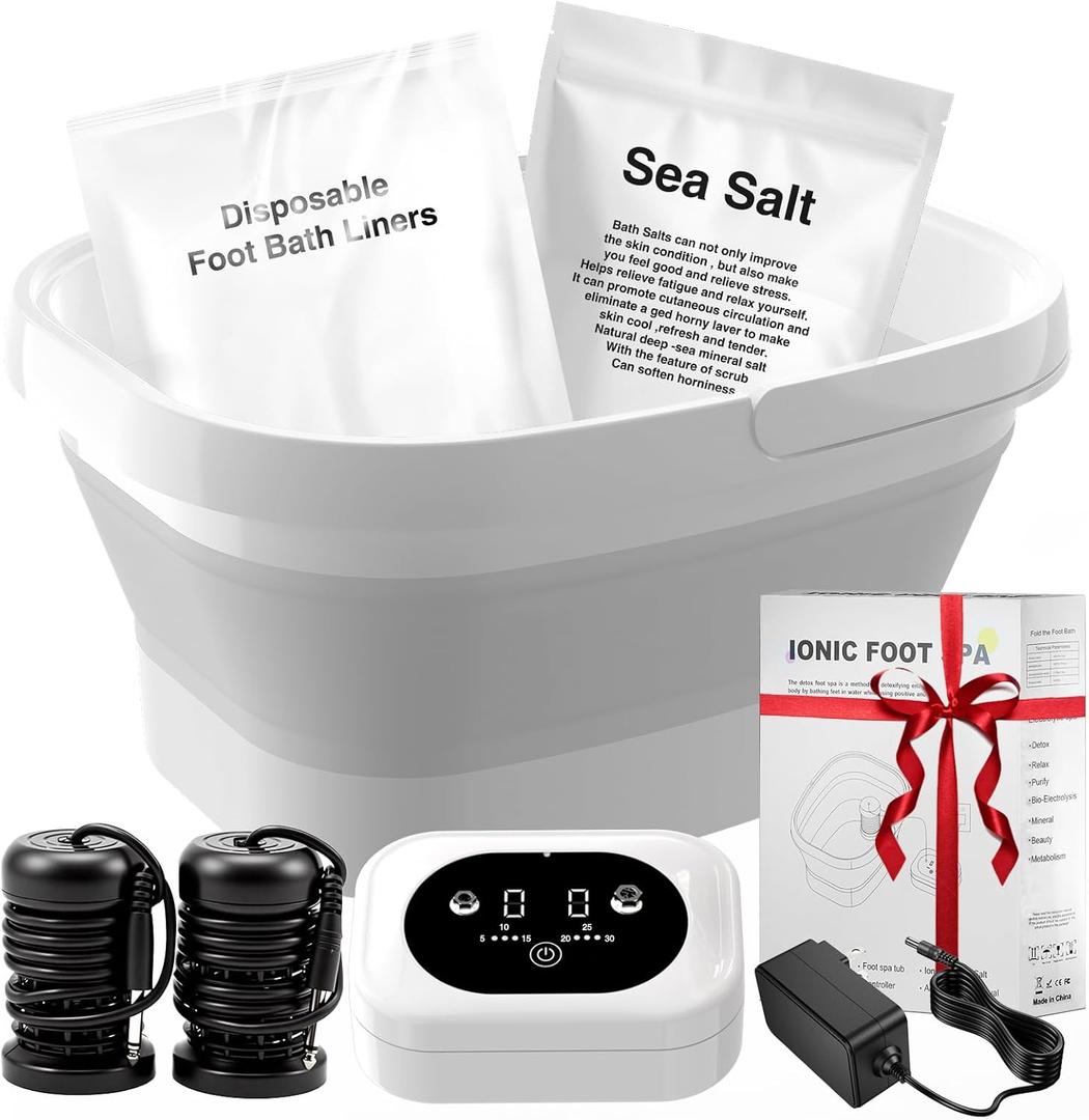 Ionic Foot Bath Detox Machine,Foot Detox Foot Bath Soak Tub with 2 Arrays,80 Disposable Liners,Detox Sea Salt,Folding Foot Spa Bucket,Home Salon-Level Foot Soaking Tub2 (Off White)