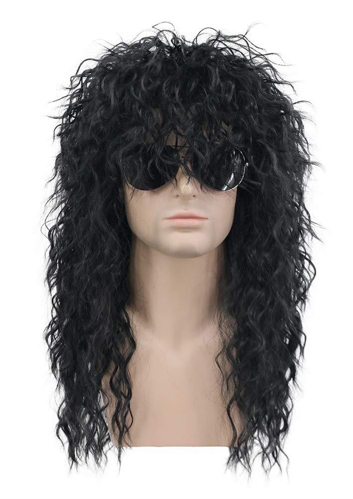 karlery 70s 80s Rocker Metal Mullet Wig Mens Long Curly Black Wig for Halloween Costume Anime Party (2 Piece Set)