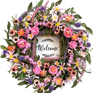 idyllic Spring Summer Wreath for Front Door - 22 Inch Artificial Floral Wreath with Roses, Wild Flowers, Leaves & Welcome Board - Farmhouse Indoor/Outdoor Wall Decor
