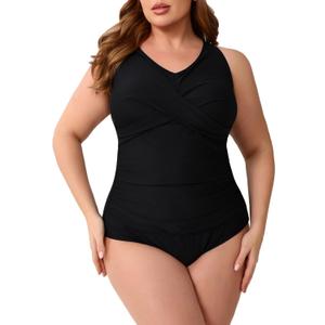 Halcurt Plus Size One Piece Swimsuit for Women Twist Front Tummy Control Full Coverage Retro Bathing Suit (1XL, All Black)