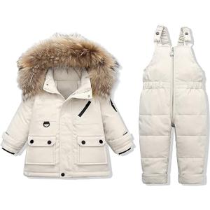 YALLET Baby Girls Boys Snowsuit, Infant Winter Clothes Toddler Kids Winter Warm Hooded Down Jacket Coat + Ski Bib Pants 2T