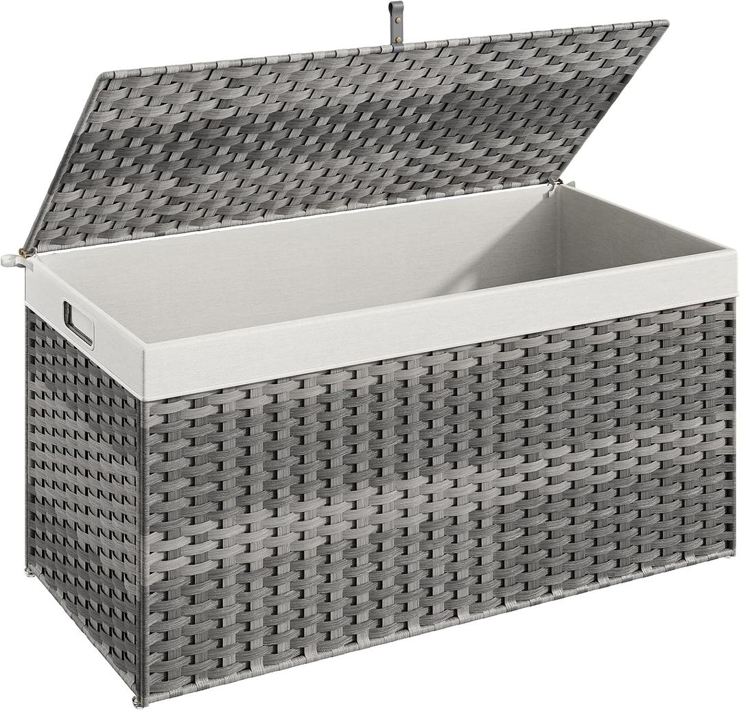 HOOBRO Storage Basket with Lid, 52.8 Gallon (200L) Wicker Basket, Handwoven Blanket Storage Basket with Handles, Metal Frame and Soft Lining, Foldable for Bedroom, Laundry Room, Gray GY220CW01