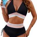 BMJL Women's High Waisted Bikini Sets Tummy Control Swimsuits Sexy V Neck Two Piece Bathing Suits 2024 (Small, Black12)