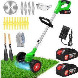 Electric Weed Wacker Eater Cordless, Weed Wacker Battery Powered, Weed Trimmer with 2 21V/2Ah Battery Operated & 15 Blades & Wheels, No-String Grass Trimmer/Brush Cutter/Edger for Garden Yard