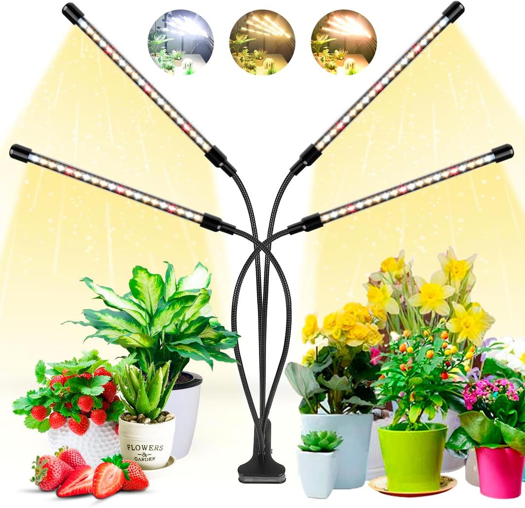 Wolezek Grow Lights for Indoor Plants, 80 LED 4 Heads Full Spectrum Grow Light with Clip, Plant Light with 5000K 3000K 660nm LED Chips, Auto Timer 6 12 16 Hrs, Grow Lamp for Seed Starting