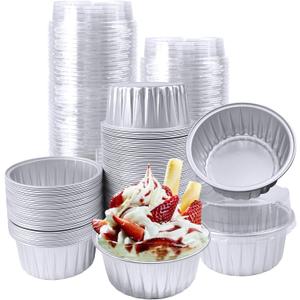 100Pcs Aluminum Cups with Lids,5oz Disposable Ramekin Baking Cups Muffin Liners Mini Pie Pans Foil Cupcake Containers for Christmas Party Wedding,Silver