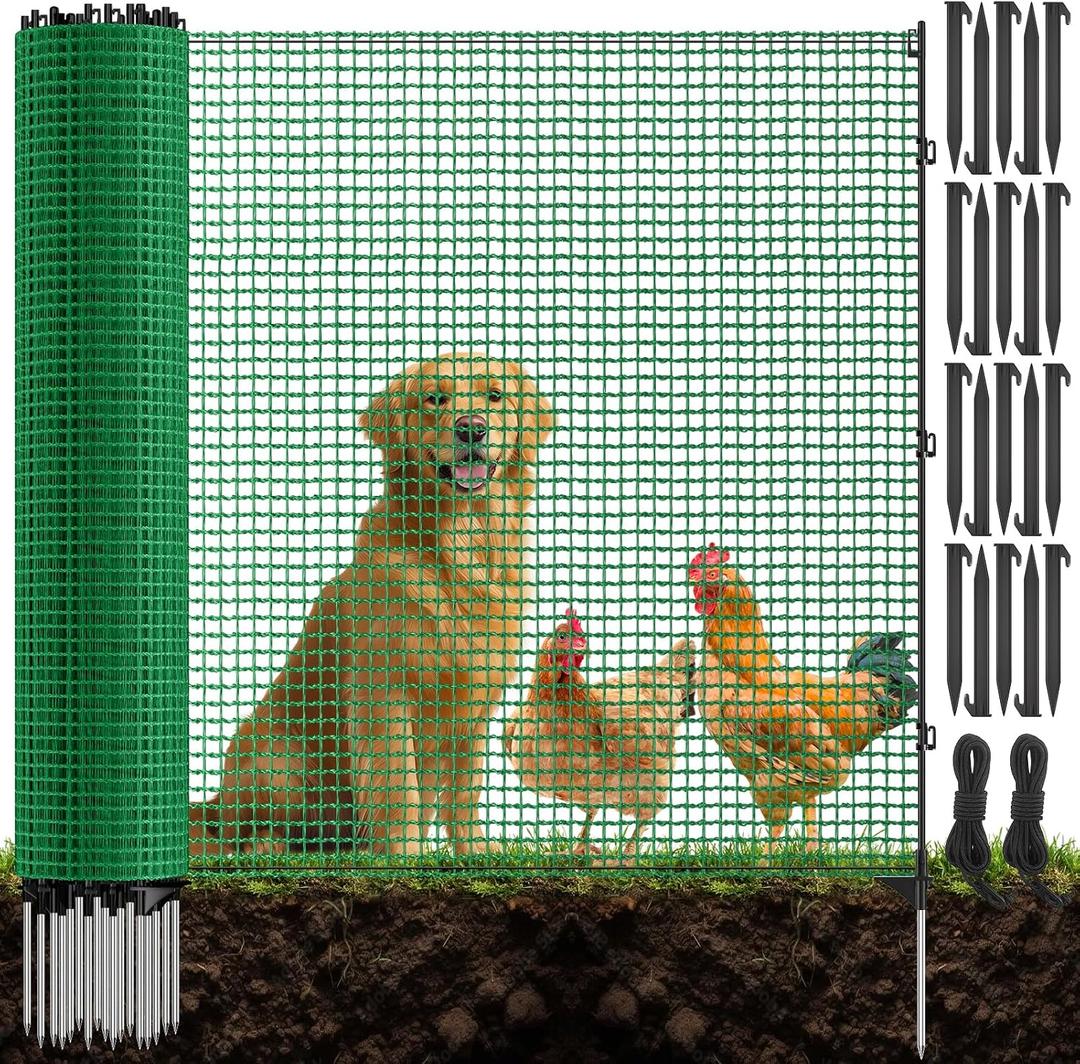4x100FT Temporary Fence for Backyard,Plastic Garden Fencing with 18 Fiberglass Stake,Windbreak Rope,Ground Peg,Safety Barrier Fence Movable Roll for Backyard Outdoor Animal Protect