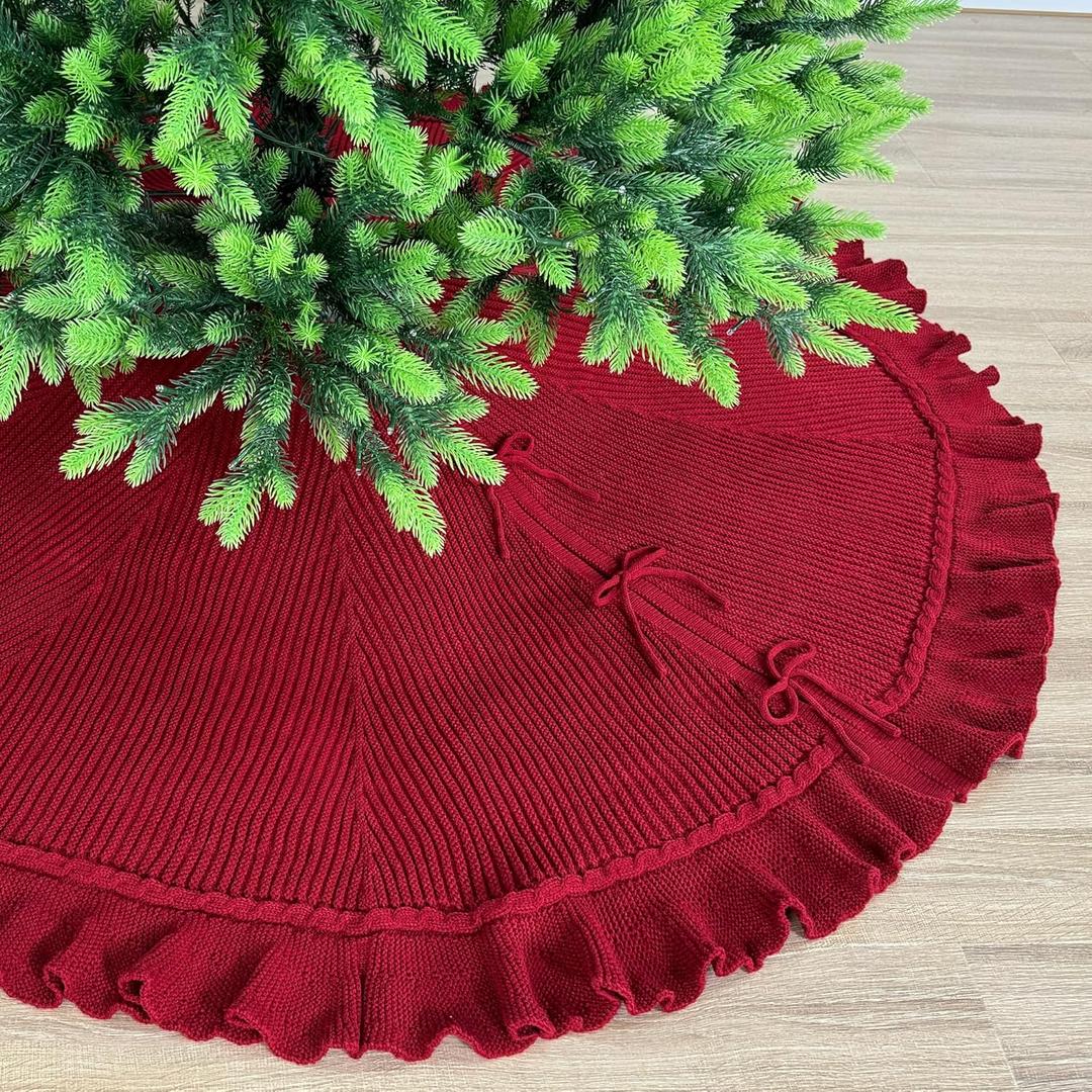 48-Inch Ruffled Sweater Knit Christmas Tree Skirt with Lace Ties, Burgundy